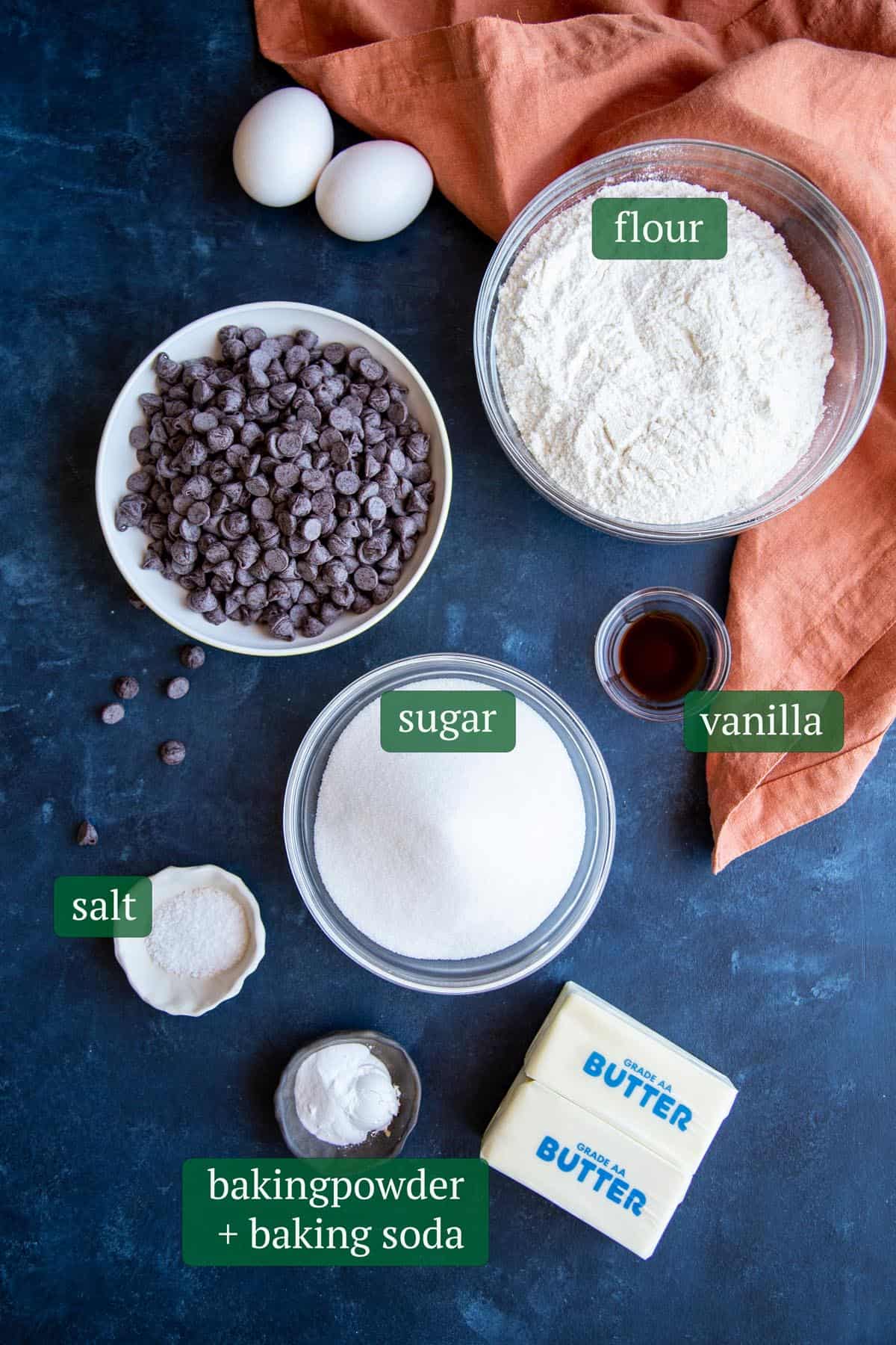 Ingredients for chocolate chip cookies without brown sugar.