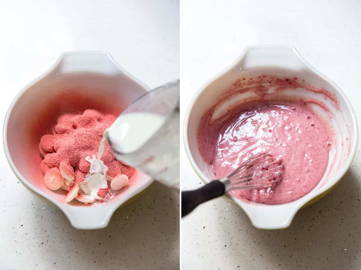 Pouring hot cream into a bowl with white chocolate and strawberry powder to make strawberry truffle filling.