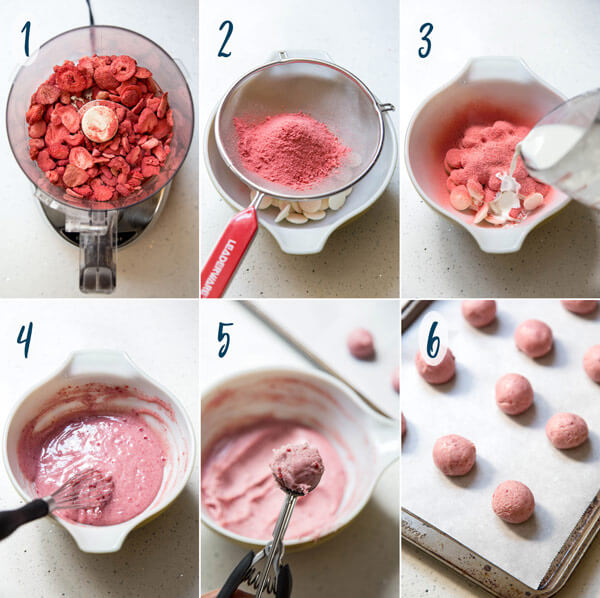 A photo collage showing how to make strawberry truffle filling