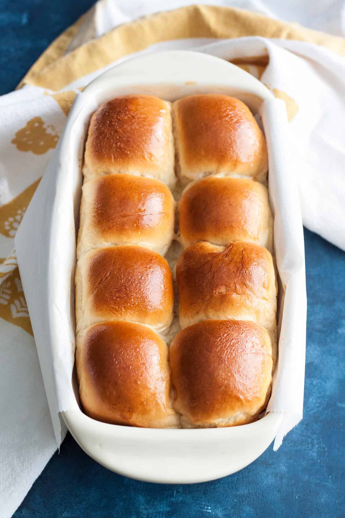 Freshly baked Hokkaido milk bread in a loaf pan.