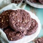 Chocolate mint chip cookies on a white plate.