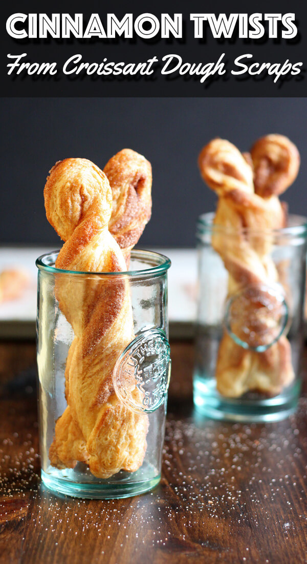 Making croissant dough is indeed hard work, so don’t throw out the dough scraps and end pieces, save them and turn them into crispy buttery and delicious Cinnamon Twists instead. | wildwildwhisk.com #croissantdough