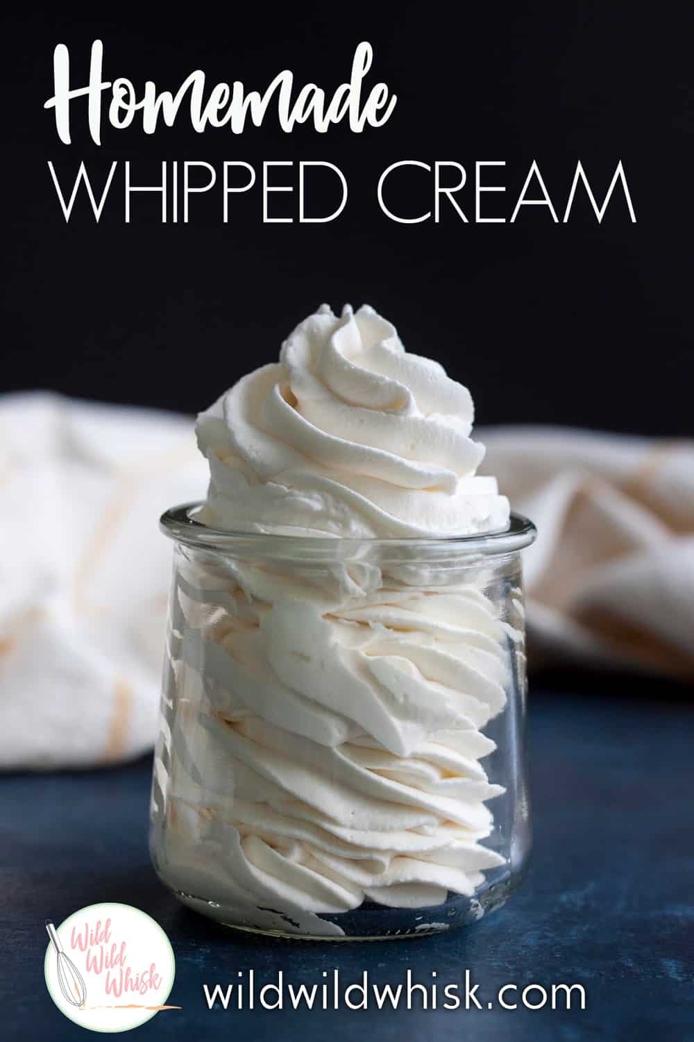 Homemade Whipped Cream is so easy to make, and so much more delicious than the store-bought version. It’s the perfect accompaniment to all your favorite desserts like pie, ice cream, and hot chocolate. | wildwildwhisk.com #whippedcream