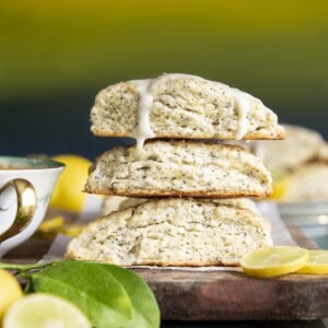 A stack of 3 Lemon Poppy Seed Scones