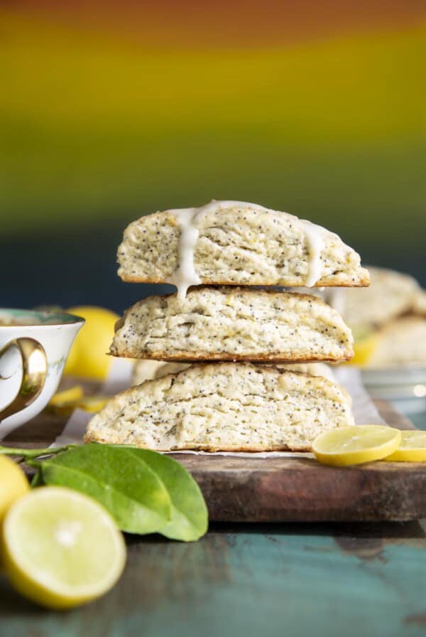 A stack of 3 Lemon Poppy Seed Scones