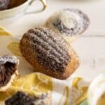 A couple chocolate and vanilla marble madeleines lying on a white table top.