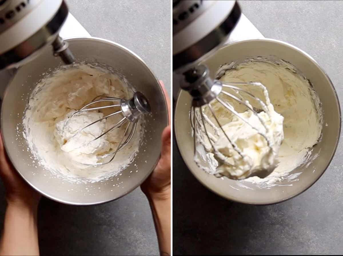 Collage of 2 photos showing whipped cream and beaten cream cheese.