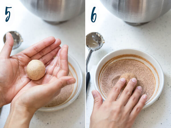 Rolling cookie dough ball in cinnamon sugar