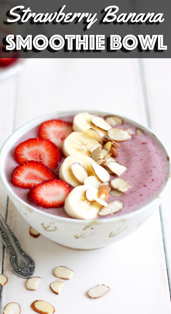 This Strawberry Banana Smoothie Bowl, with no extra sugar of any kind added, is a fresh and healthy breakfast that you can whip up easily under 5 minutes. | wildwildwhisk.com #smoothiebowl #breakfast #smoothie