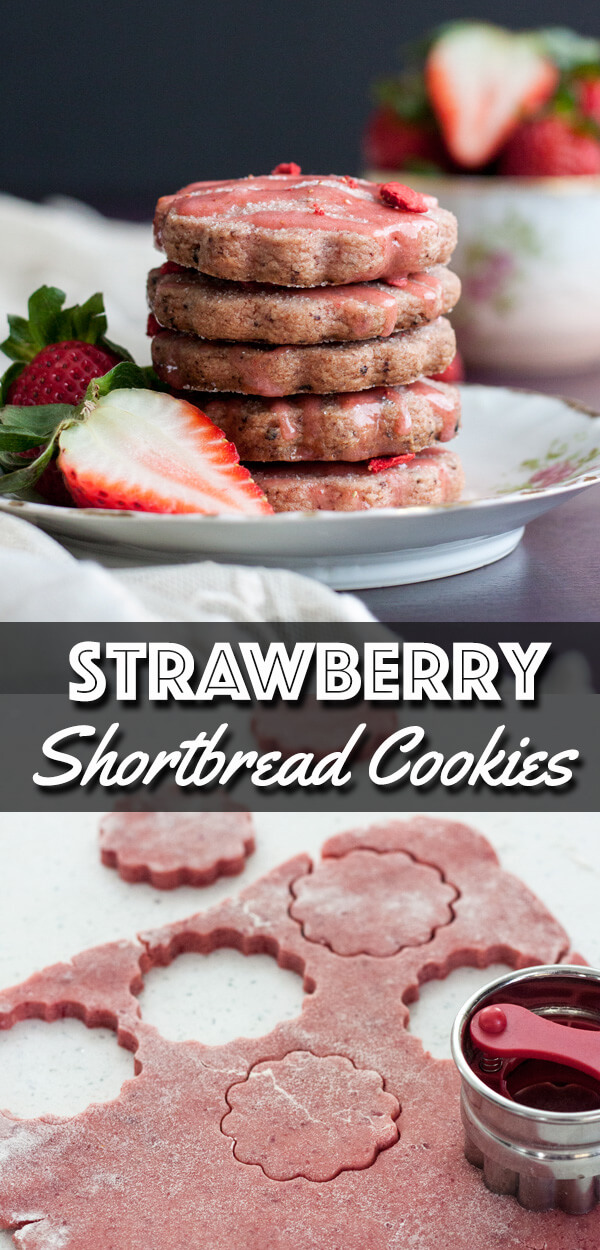 These Strawberry Shortbread Cookies are full of strawberry flavor thanks to the freeze dried strawberry in the cookie dough. Dressed up with a strawberry glaze, they are ready for a summer party in the backyard. | wildwildwhisk.com #shortbread #strawberry #cookies