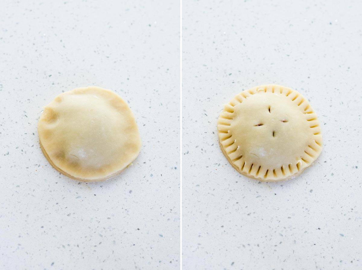 Adding the top crust and sealing the edges.