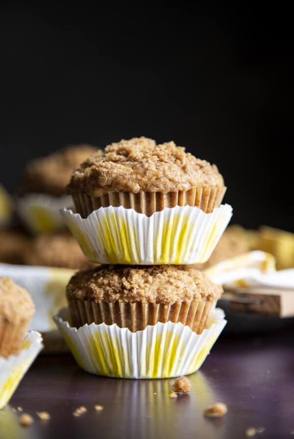 A stack of 2 banana muffins.