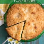 Mango coconut cake on a green plate with one slice being removed.