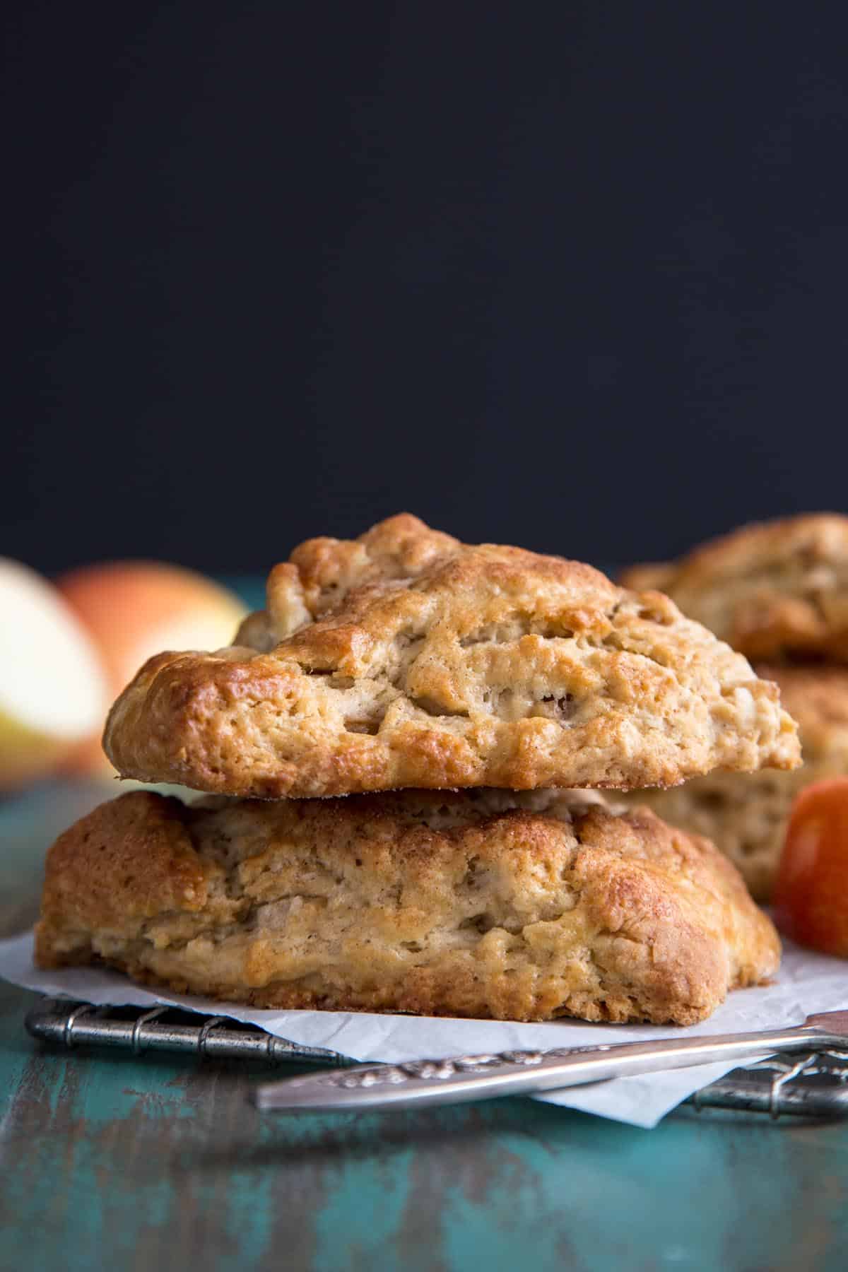 A stack of two apple scones as seen from the side.