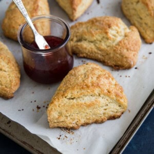 Buttermilk Scones on a tray with jam