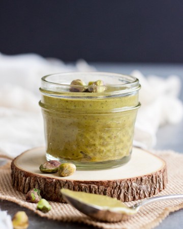 Homemade pistachio butter in a jar