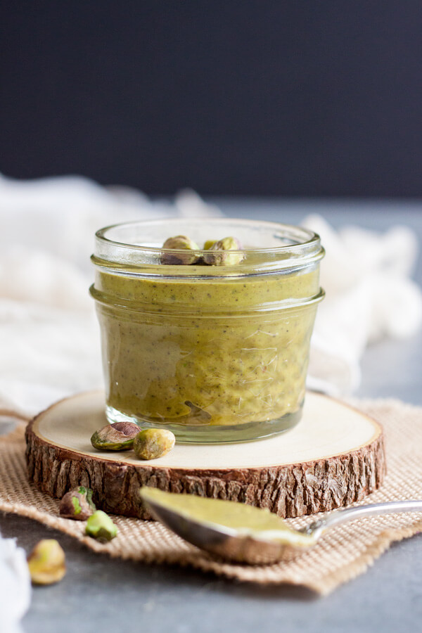Homemade pistachio butter in a jar