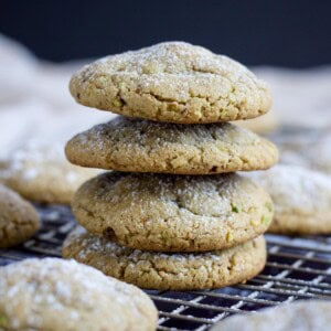 This image shows a stack of pistachio butter cookies.