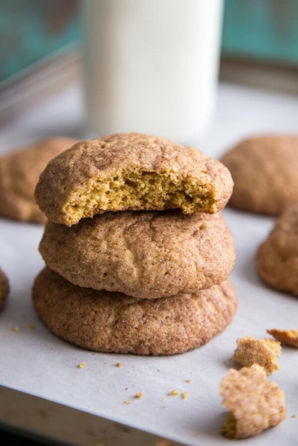 A stack of 3 pumpkin snickerdoodle cookies.
