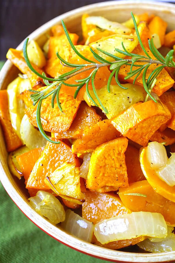 Thanksgiving dinner menu - roasted sweet potatoes, squash and apple from Happiness is Homemade