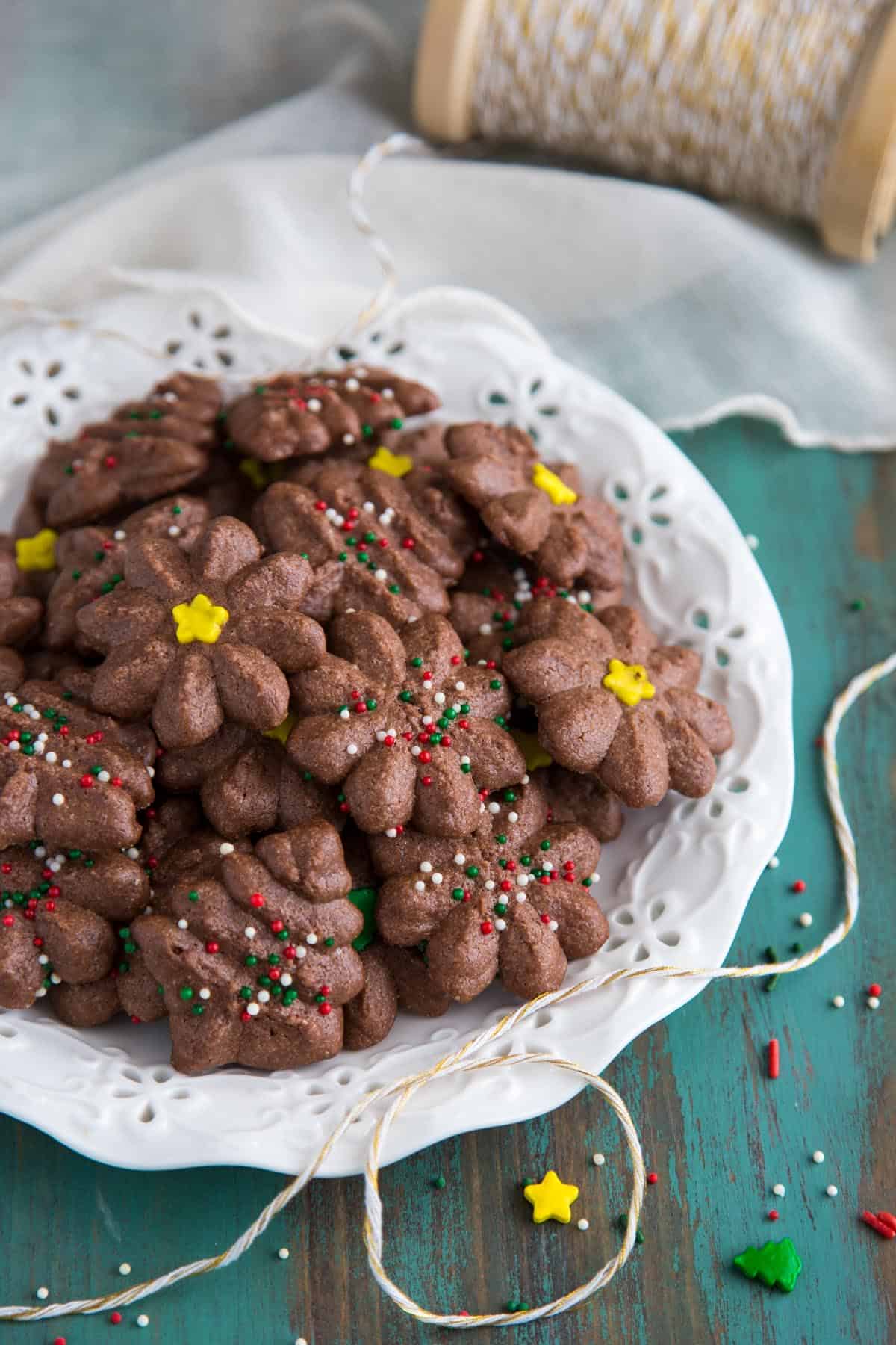 A plate of festive Chocolate Spritz Cookies.