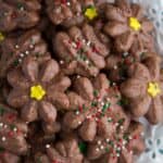 A plate full of Chocolate Spritz Cookies.