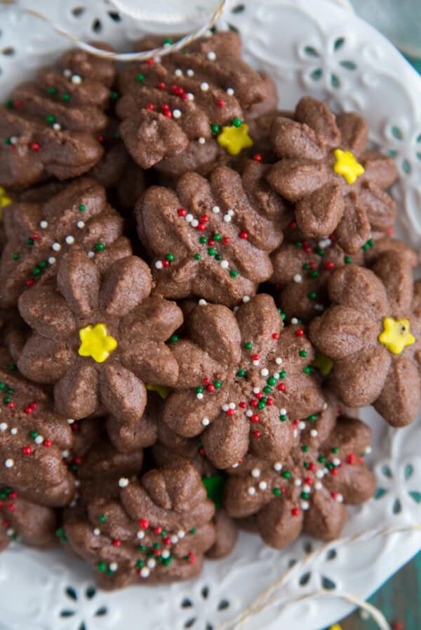 A plate full of Chocolate Spritz Cookies.