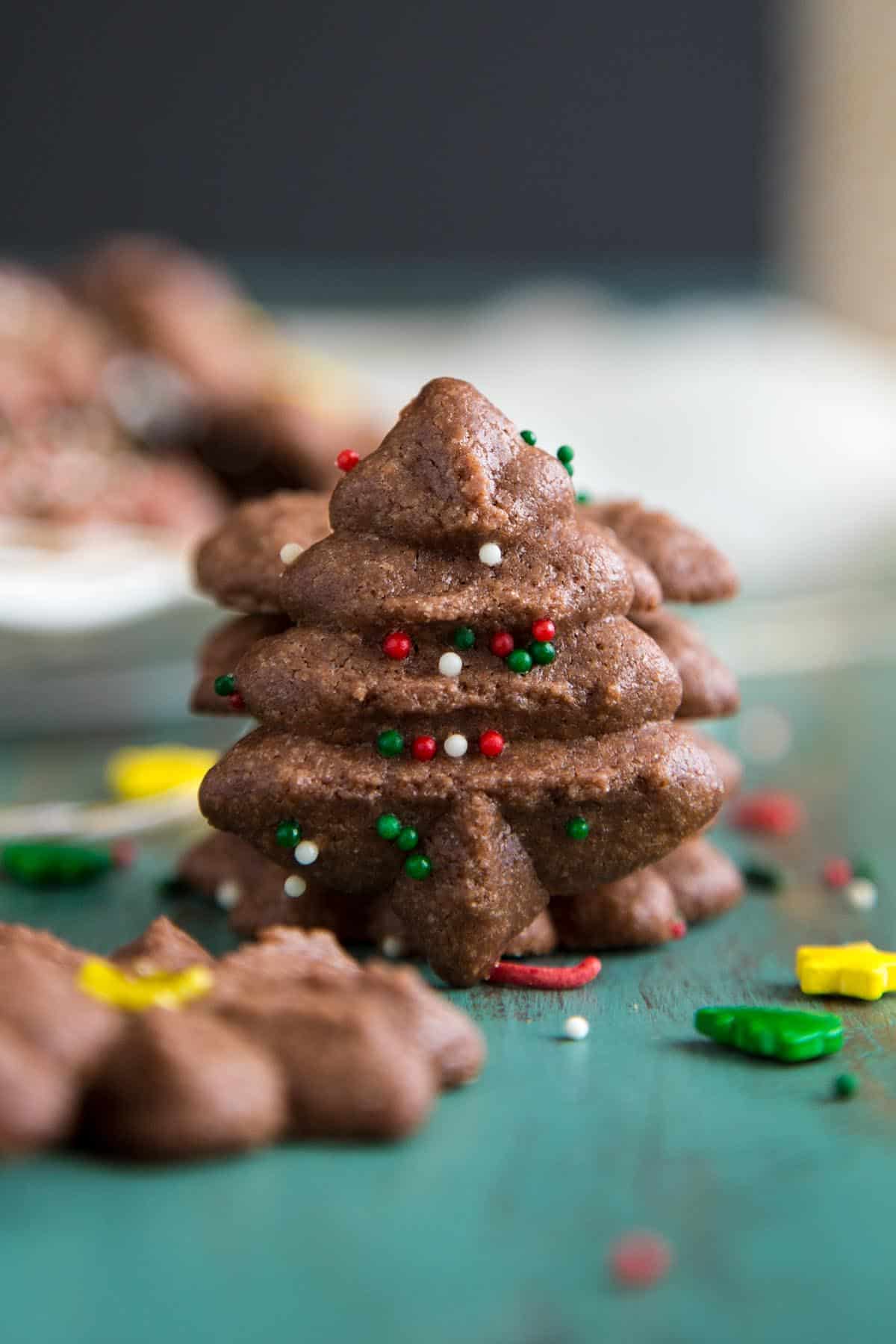 A Christmas tree shape chocolate spritz cookie.