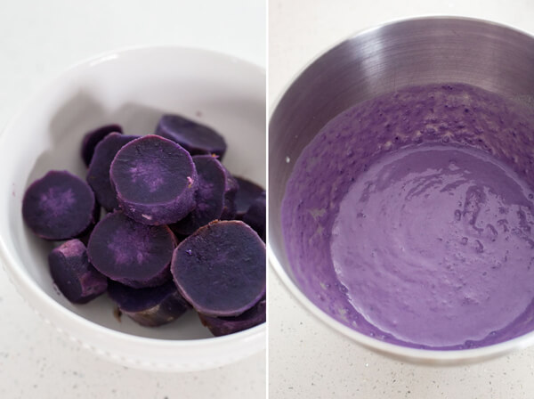 Purple sweet potato pureed and mixed with milk and butter to prepare for the Purple Sweet Potato Dinner Rolls bread dough