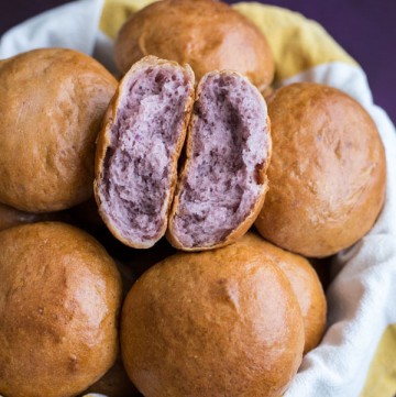 Purple Sweet Potato Dinner Rolls in a basket