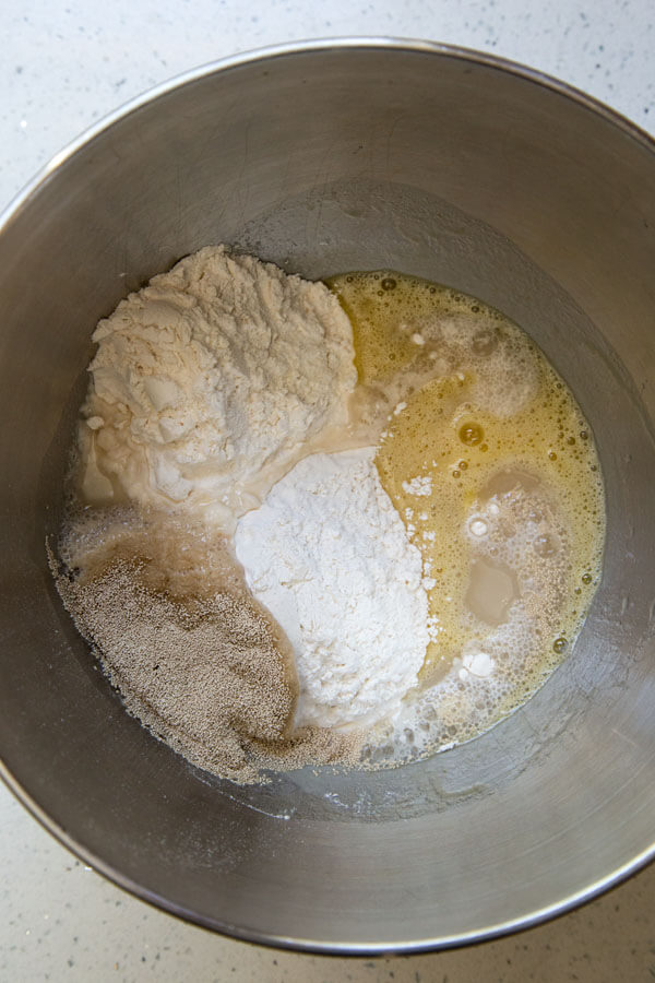Challah Bread ingredients in a mixing bowl