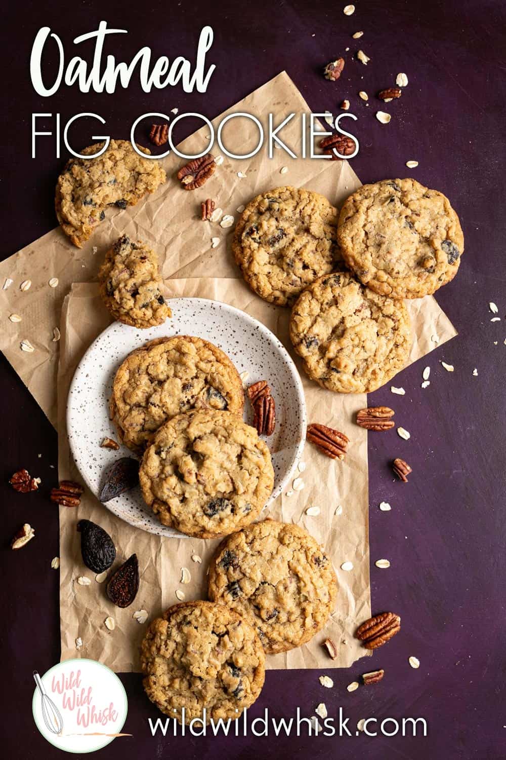 These delicious Fig Oatmeal Cookies are the absolute best and will win over even the pickiest of cookie eaters. Figs and pecans make a wonderful addition to these chewy old fashioned oatmeal cookies. #wildwildwhisk #oatmealcookies #oatcookies #cookies #driedfig #driedfigs #figs #figrecipes #pecans #cookierecipes