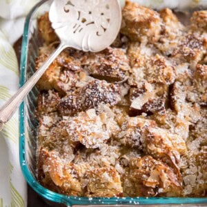 Coconut French toast casserole in a glass baking dish.