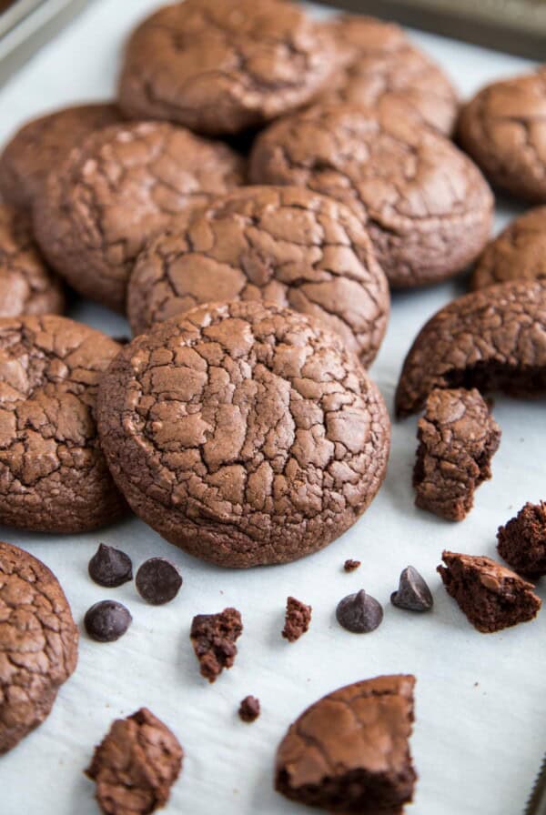 Dark Chocolate Brownie Cookies on a baking sheet.