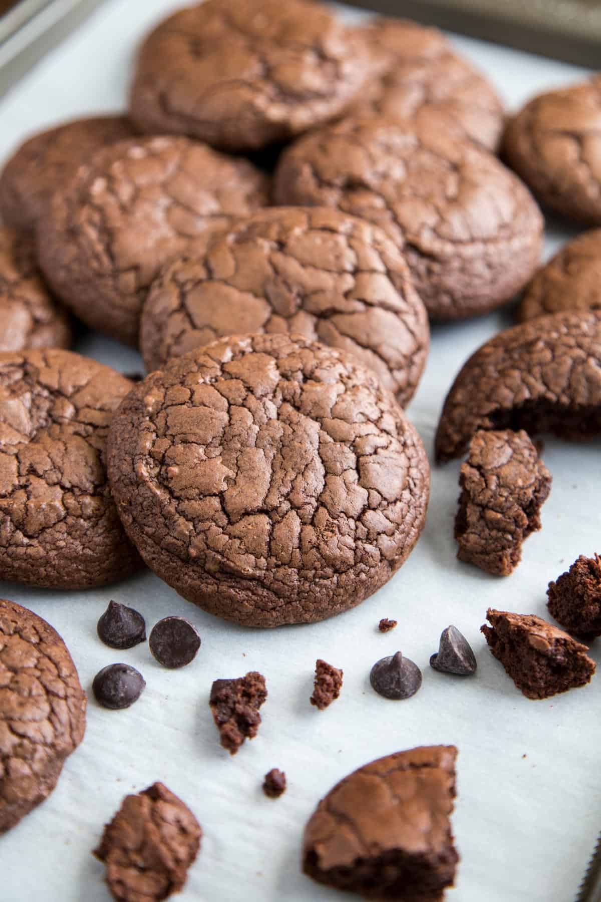 Dark Chocolate Brownie Cookies on a baking sheet.