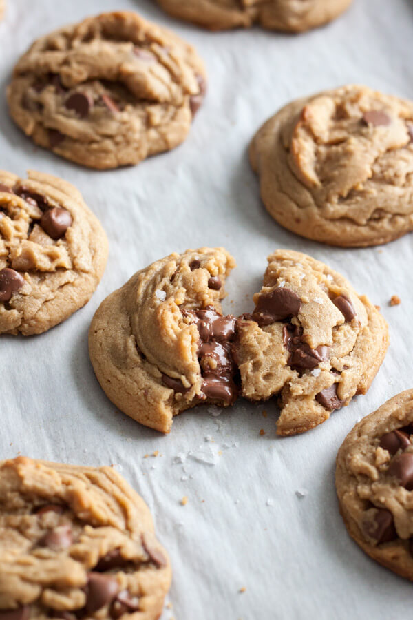 Freshly baked Brown Butter Peanut Butter Chocolate Chips Cookies with melted chocolate chips