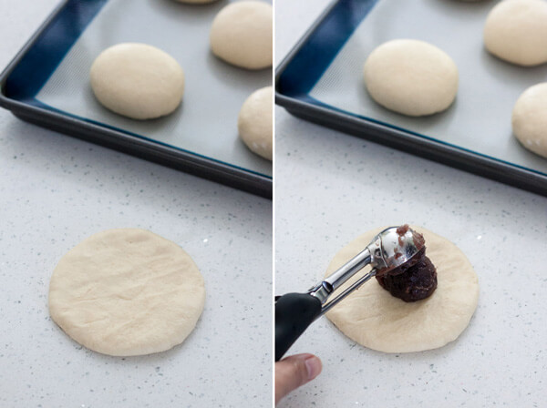 Filling dough with red bean paste to make Anpan