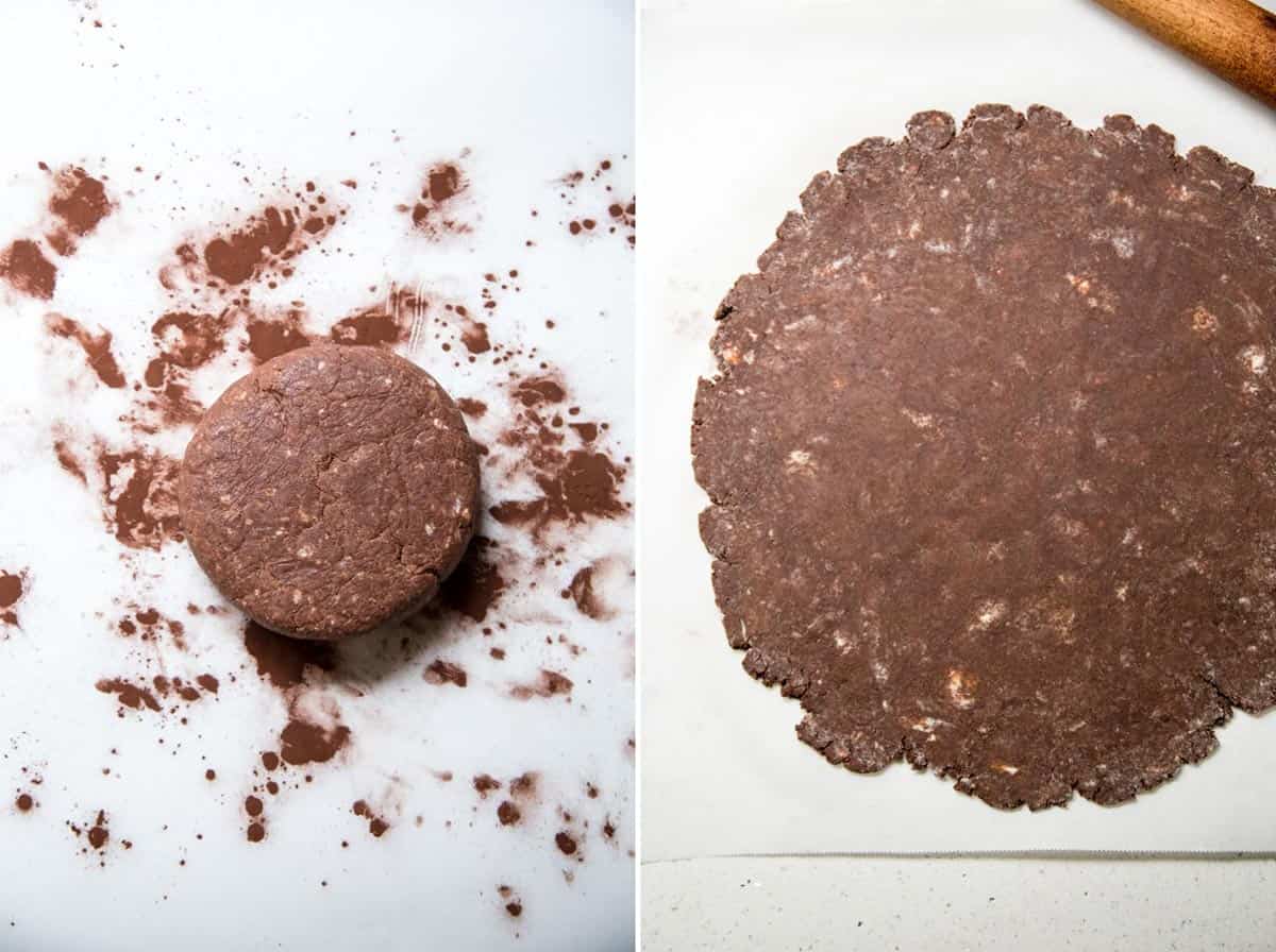 Rolling out chocolate pie dough. Rolling out chocolate pie dough.
