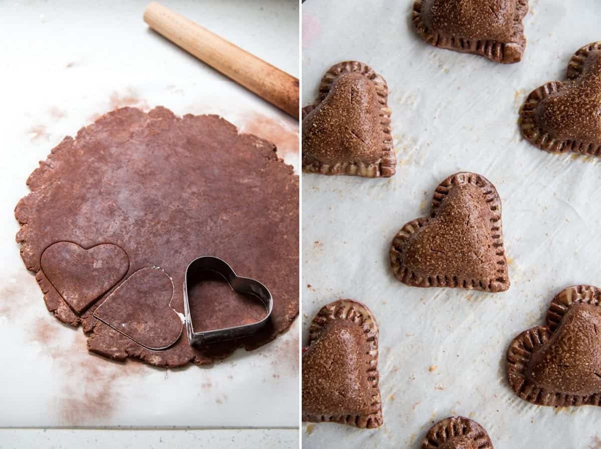 Cutting chocolate pie dough into shapes for hand pies. Cutting chocolate pie dough into shapes for hand pies.