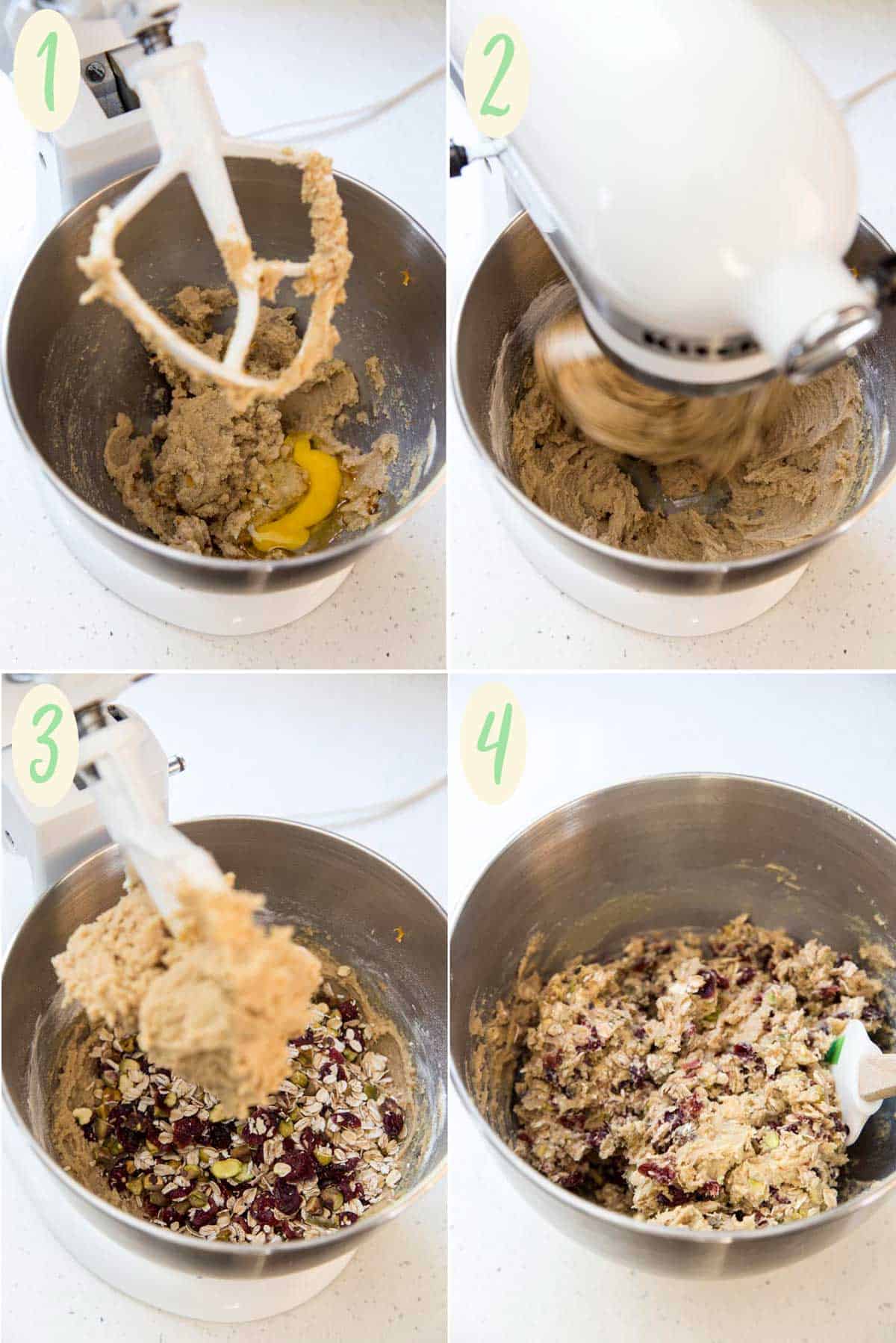 Collage of 4 photos showing how to make oatmeal cookie dough in a stand mixer