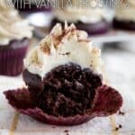 Chocolate cupcake with a bite taken out.