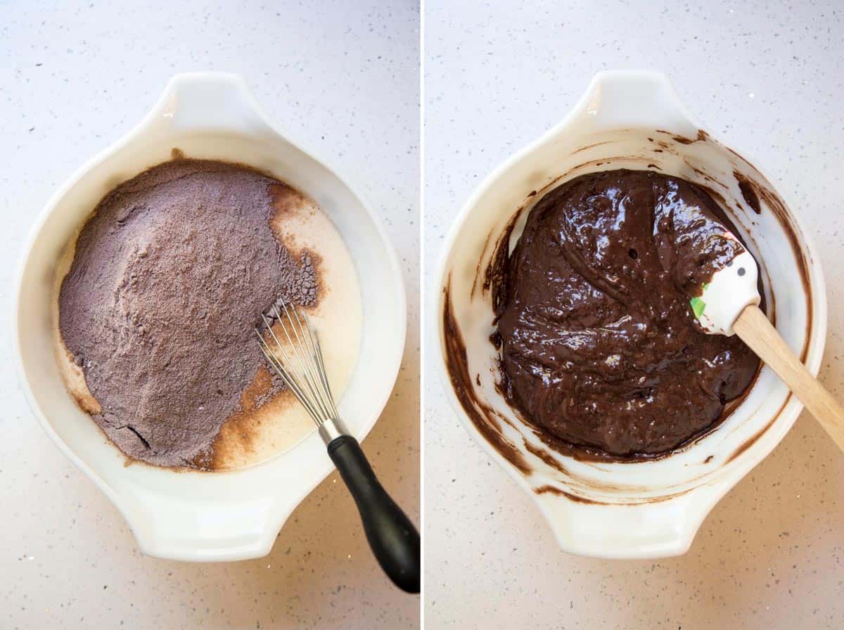 Mixing the dry ingredients and wet ingredients together for chocolate cupcake batter.