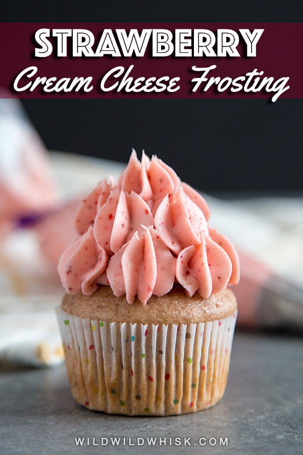 This is the best homemade Strawberry Cream Cheese Frosting you'll ever taste! It's sweet and tangy but not too sweet, and the color is 100% natural, no food color whatsoever. #wildwildwhisk #strawberryfrosting #creamcheesefrosting #frostingrecipe