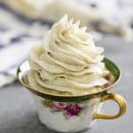 Vanilla bean Swiss buttercream in a tea cup.