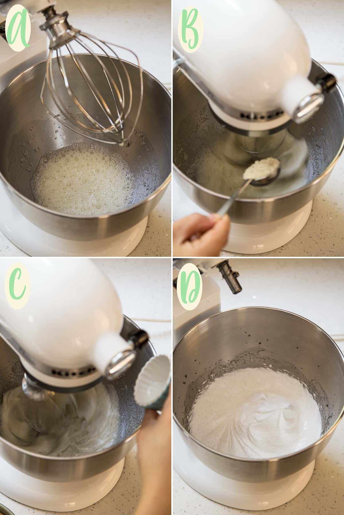 Collage of 4 photos showing how to make meringue buttercream using the French Meringue method
