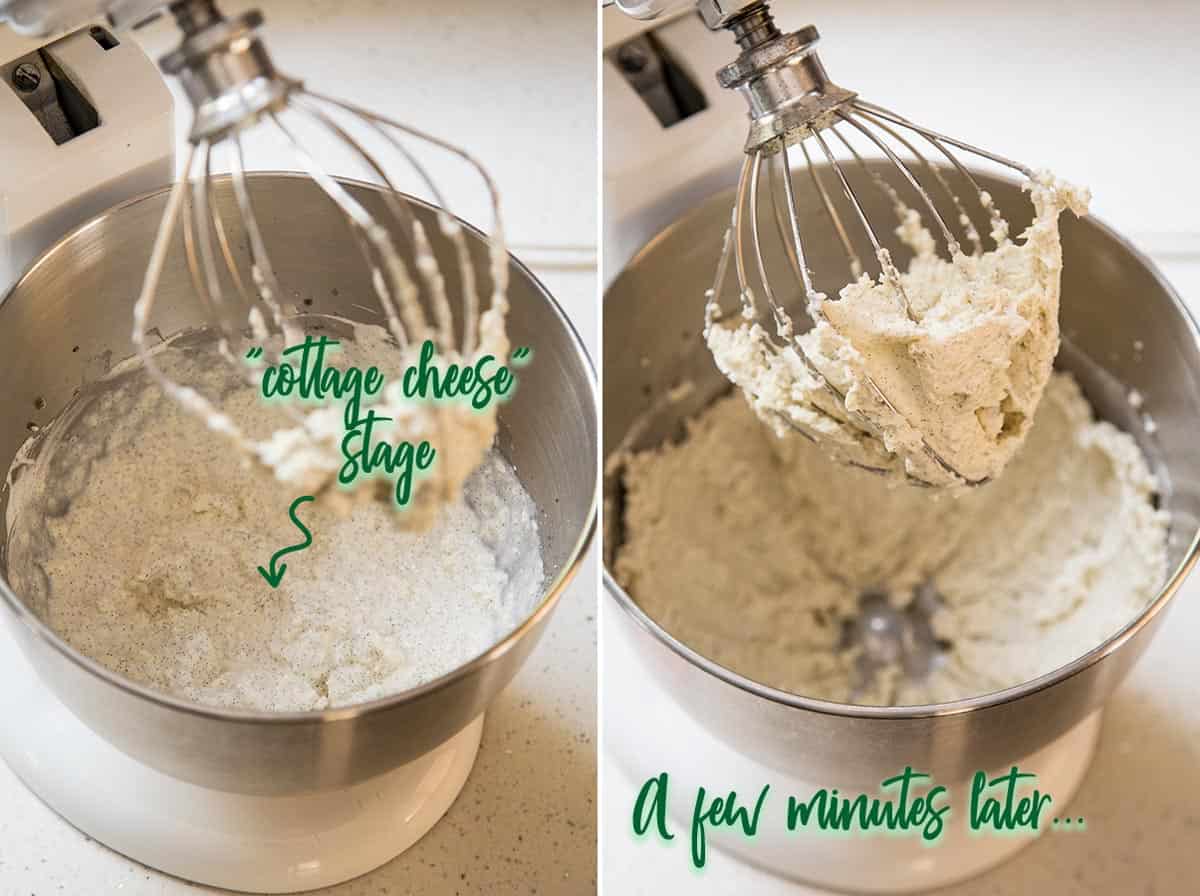 Collage of 2 photos showing the change in texture of the buttercream with time