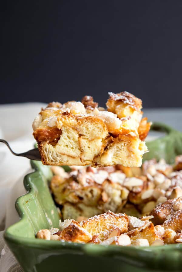 Cross section of a piece of almond croissant french toast bake