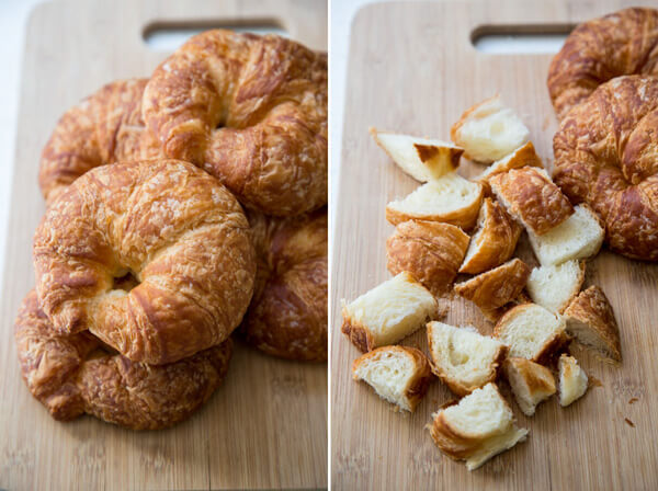 Stale croissants cut into cubes for the French toast casserole