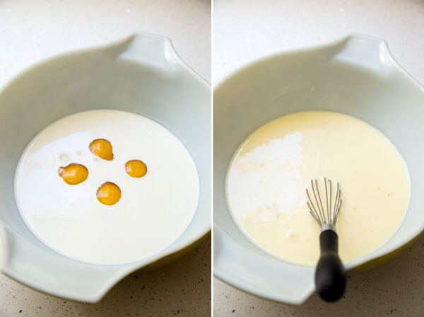 Custard mixture made with egg and half and half in a mixing bowl