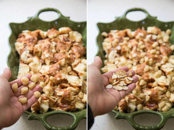 Almond paste and sliced almond are sprinkled on top of the French toast casserole before baking